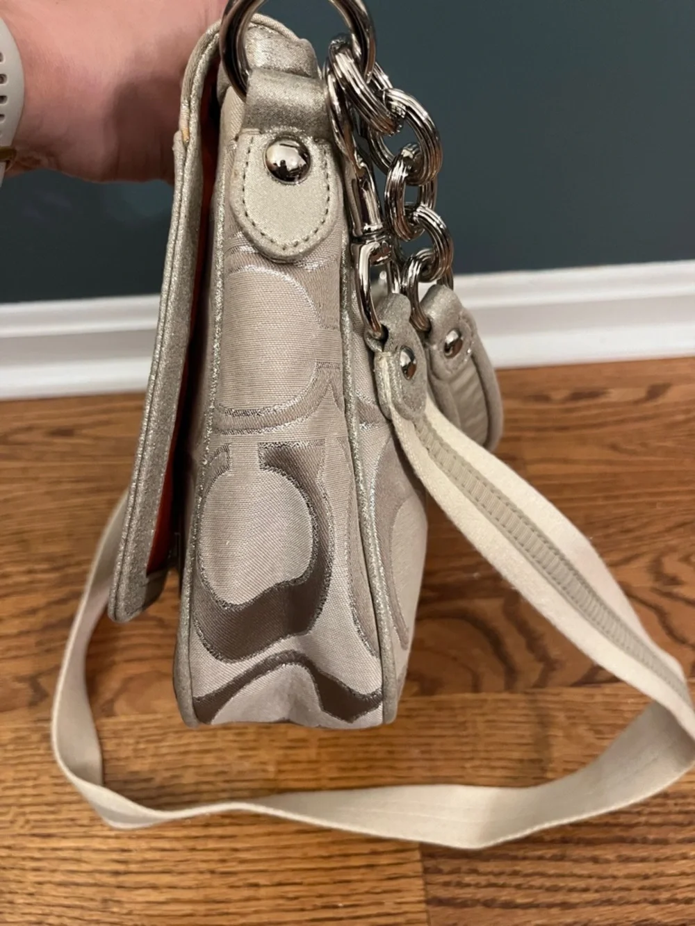 Coach Poppy Signature C Metallic Sateen & Leather Messenger Flap Satchel #18352
